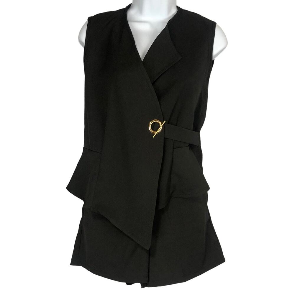 NWT boutique black sleeveless top & matching shorts set gold accent size small